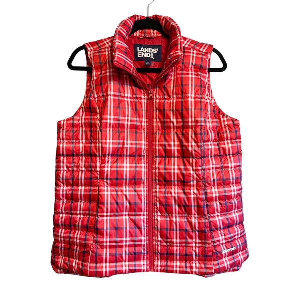Lands’ End Plaid 600-Fill Down Classic Puffer Vest Red Check NWT Size M - Picture 1 of 15